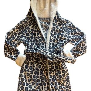 Roudelain Hooded Leopard Print w/ Tie Waist & Cuffs Pajama Robe - Tan & Black